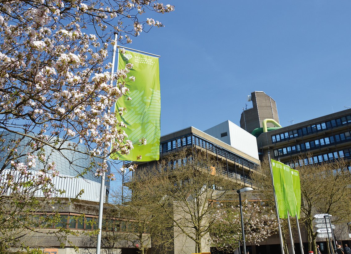 Bild Unigebäude Campus Grifflenberg mit Baum und Fahne